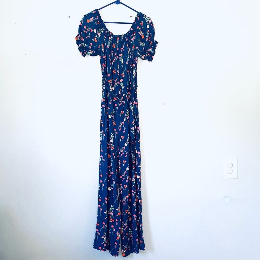 Kingston Jumpsuit Womens Large Blue Floral Scoop Neck Short Puff Sleeve Tie
